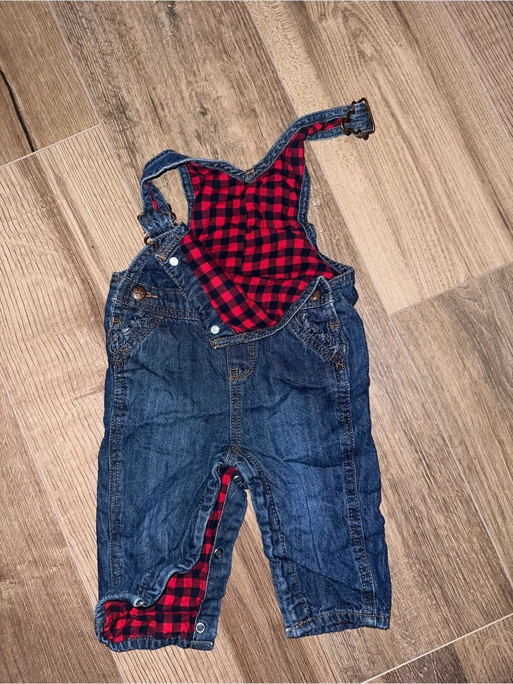 OshKosh B'gosh Dark Blue Denim Overalls with Red Plaid Lining